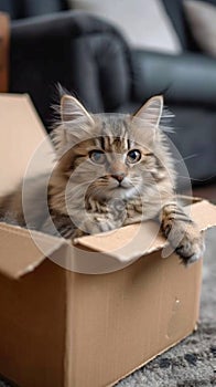 Adorable nook Fluffy cat lounging in a cardboard box at home