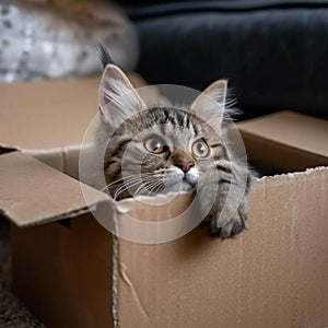 Adorable nook Fluffy cat lounging in a cardboard box at home