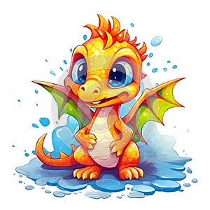 Adorable orange baby dragon splashing in the water on a white background. Symbol of 2024 year. AI generative