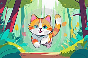 An adorable orange kitten bounds happily along a forest trail, surrounded by colorful foliage
