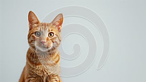 An adorable orange tabby cat looking curiously at the camera, set against a soft grey background