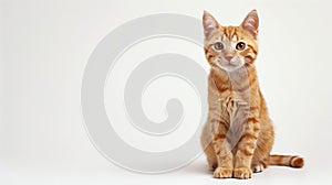 An adorable orange tabby cat looking curiously at the camera, set against a soft grey background