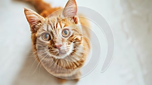 An adorable orange tabby cat looking curiously at the camera, set against a soft grey background