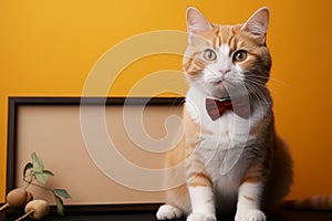 Adorable orange tabby cat poses with whiteboard, a playful companion