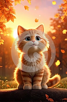 Adorable OrangeKitten CGI Creation Sitting Among Falling Leaves Behind Sunlit Trees