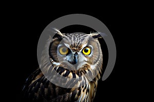 Adorable owl looking at camera over black background.
