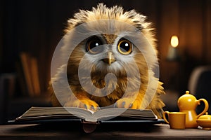 Adorable owl reading a book with yellow tea set
