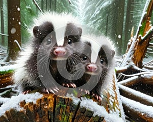 Adorable Pair Skunks Small Animals Snowfall Forest Woodland Critters Winter Canada AI Generated