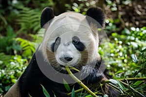 Adorable panda bear eating bamboo in lush forest