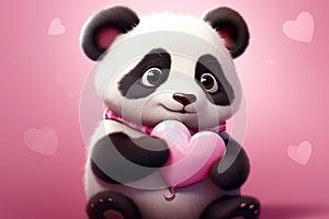 Adorable Panda Bear Holding a Pink Heart in a Love-Filled Illustration - Generative AI photo