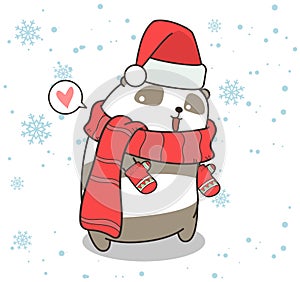 Adorable panda character is waering winter dress