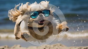 Adorable Pekingese strolls onto the sandy beach, embracing the seaside charm, Ai Generated