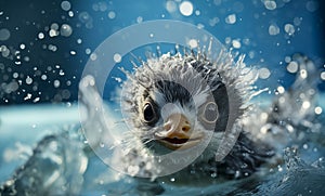 Adorable Penguin Chick Emerges From Sparkling Waters, Its Fluffy Wet Feathers And Innocent Eyes