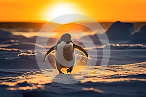 Adorable penguin on the sea ice in the Antarctica at sunset. Amazing Wildlife. Generative Ai