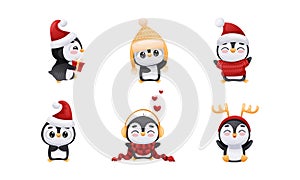 Adorable Penguin in Warm Winter Hat and Scarf Engaged in Different Activity Vector Set