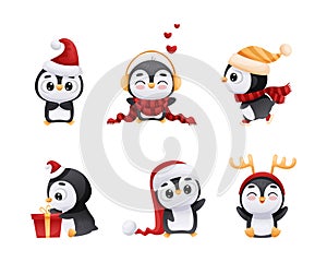 Adorable Penguin in Warm Winter Hat and Scarf Engaged in Different Activity Vector Set