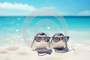 Adorable Penguins in Sunglasses Relaxing on Sandy Beach with Ample Copy Space Fun Avian Getaway