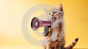 Cat announcing using megaphone. Notifying, warning, announcement photo