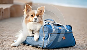 Adorable pet curled up on an open travel bag wearing apparel