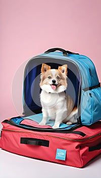 Adorable pet curled up on an open travel bag wearing apparel