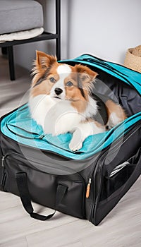 Adorable pet curled up on an open travel bag wearing apparel