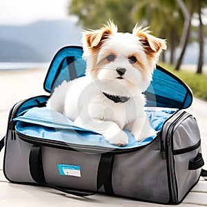 Adorable pet curled up on an open travel bag wearing apparel