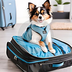 Adorable pet curled up on an open travel bag wearing apparel