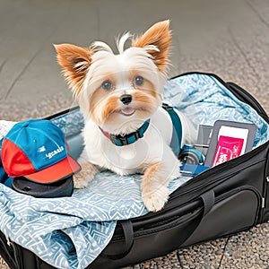 Adorable pet curled up on an open travel bag wearing apparel