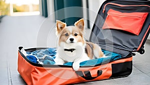 Adorable pet curled up on an open travel bag wearing apparel