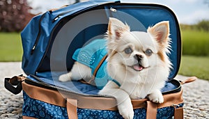 Adorable pet curled up on an open travel bag wearing apparel