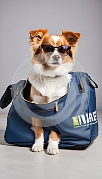 Adorable pet curled up on an open travel bag wearing apparel