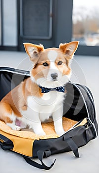 Adorable pet curled up on an open travel bag wearing apparel