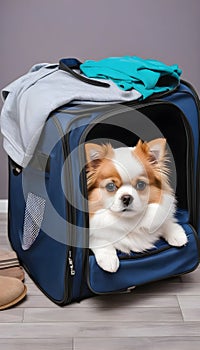 Adorable pet curled up on an open travel bag wearing apparel