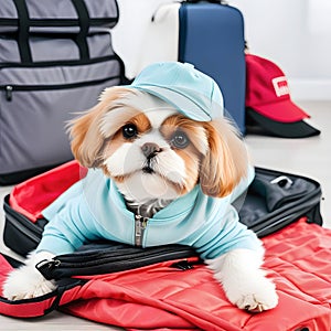 Adorable pet curled up on an open travel bag wearing apparel