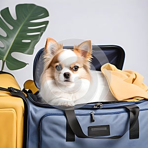 Adorable pet curled up on an open travel bag wearing apparel