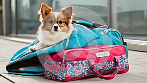 Adorable pet curled up on an open travel bag wearing apparel