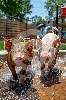 Adorable Piglets Running Towards Camera in a Splash of Water on Sunny Day