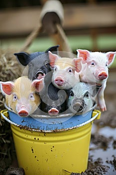 Adorable Piglets in a Yellow Bucket on a Farm, Cute Baby Pigs with Different Patterns Enjoying Their Playtime Together Outdoors