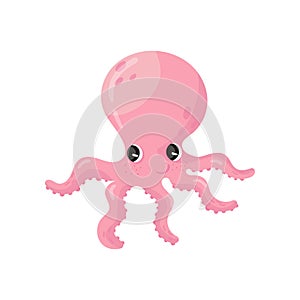 Adorable pink octopus with big shiny eyes. Marine animal with long tentacles. Cartoon character of sea creature