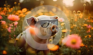 Adorable pink pig wearing eyeglasses sits outdoors. Cute piglet enjoying sun in nature backdrop. Generative AI