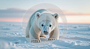 Adorable Polar Bear Cub Rolling in Snowy Arctic Landscape.