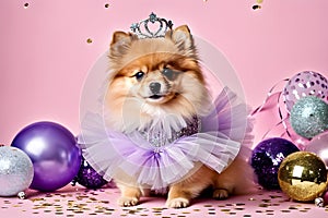 Adorable Pomeranian dog dressed as a princess with a sparkling tiara and tutu against a glittery pink backdrop