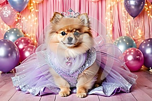 Adorable Pomeranian dog dressed as a princess with a sparkling tiara and tutu against a glittery pink backdrop