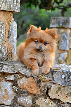 Adorable pomeranian puppy poses with fluffy cuteness for the camera in a charming display