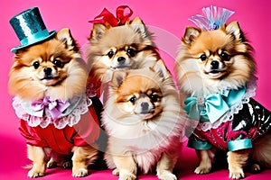 adorable Pomeranians dressed in colorful, fancy costumes on pink background. Perfect for pet fashion or birthday concepts.