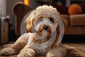 Adorable poodle dog lounges on the carpet, cute home companion