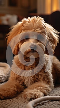 Adorable poodle dog lounges on the carpet, cute home companion