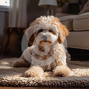 Adorable poodle dog lounges on the carpet, cute home companion