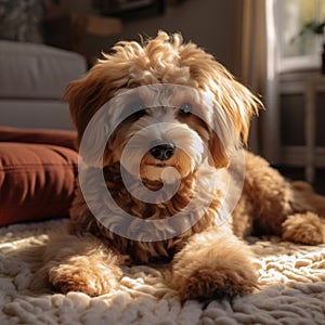 Adorable poodle dog lounges on the carpet, cute home companion