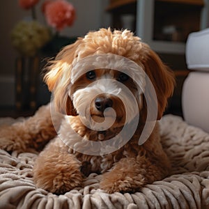 Adorable poodle dog lounges on the carpet, cute home companion